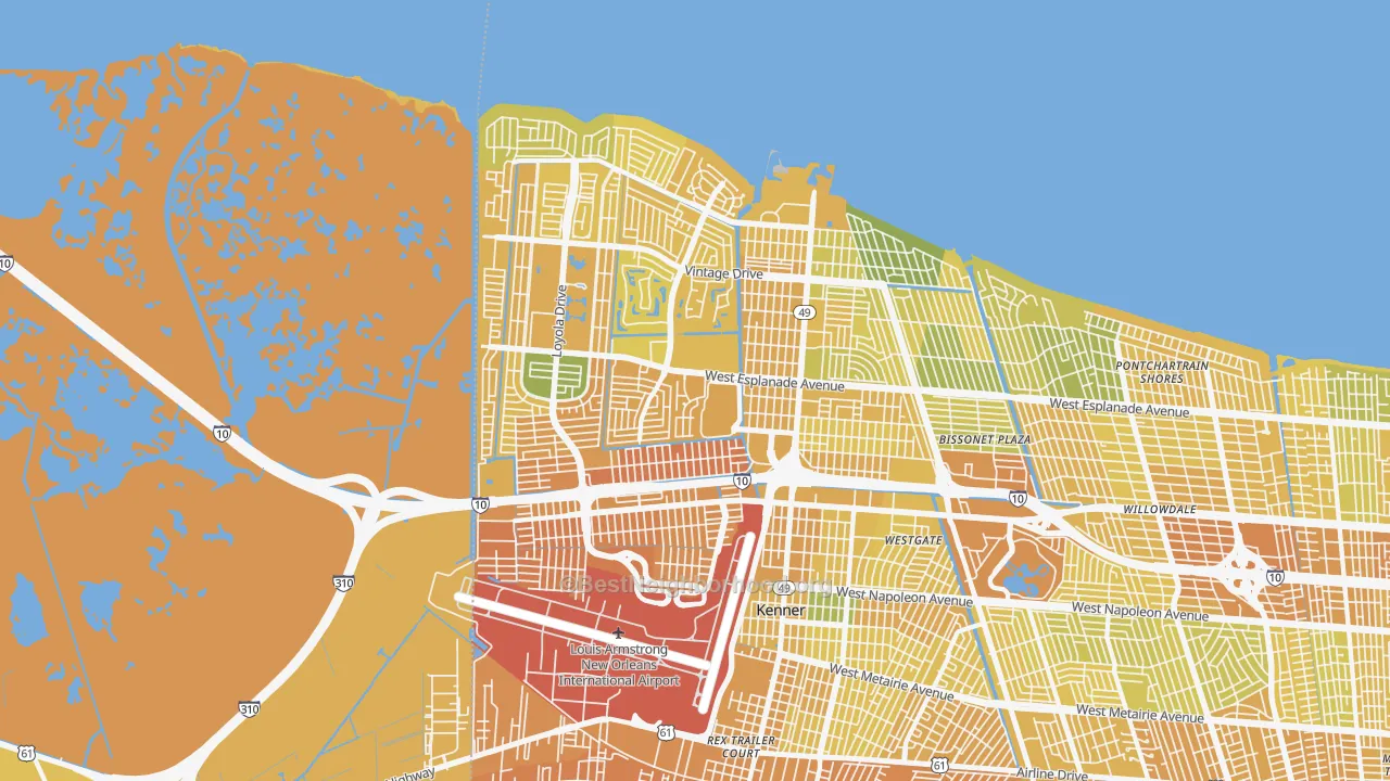 Map of the best neighborhoods in the Kenner area, with better matches in green and worse matches in red