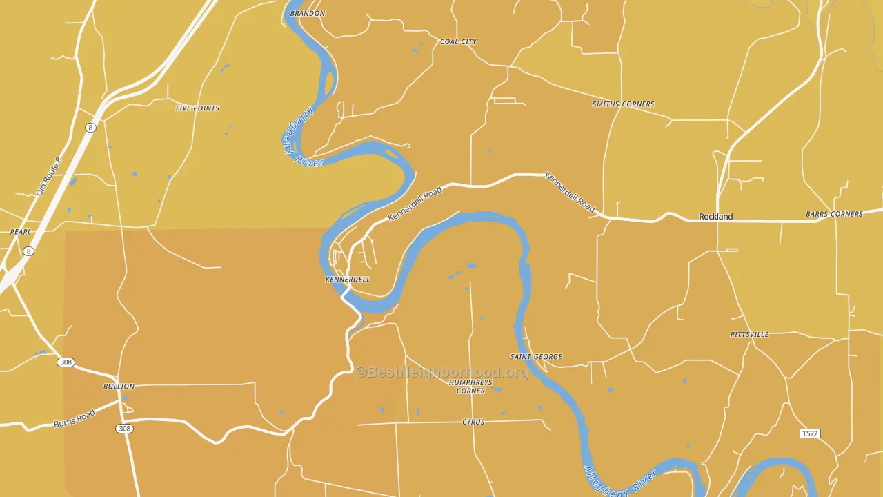 Map of the best neighborhoods in the Kennerdell area, with better matches in green and worse matches in red