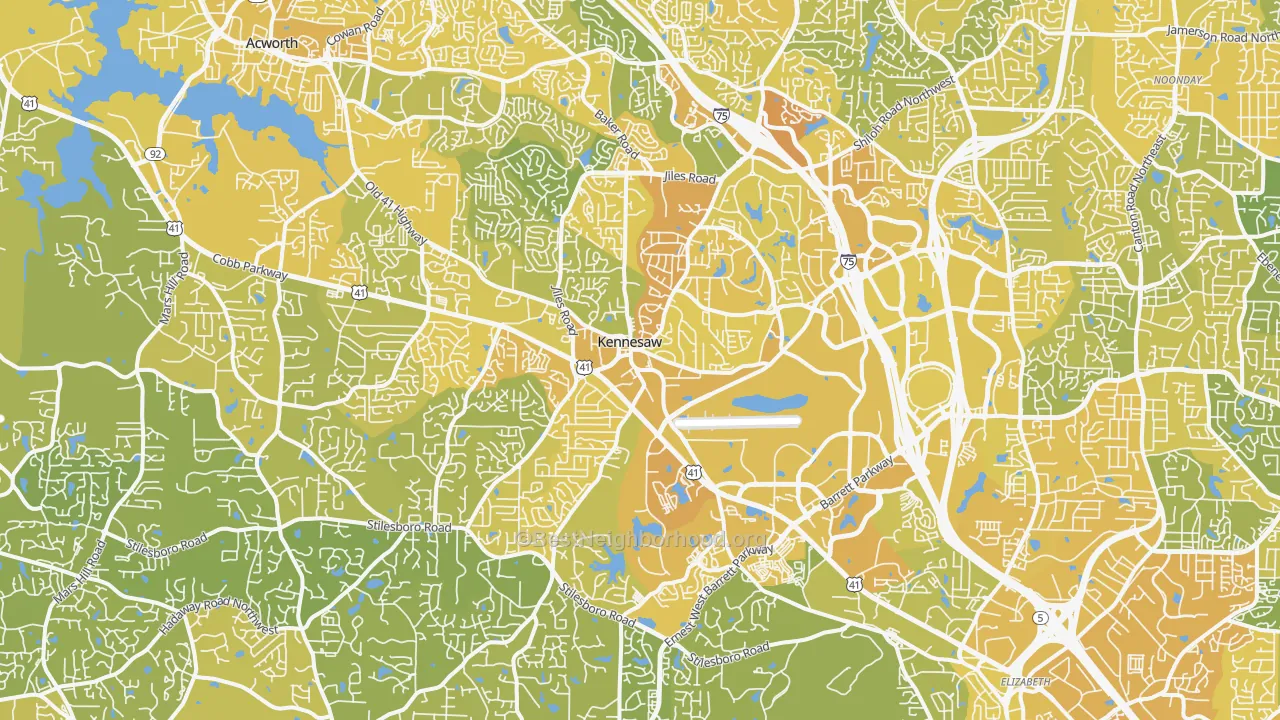 Map of the best neighborhoods in the Kennesaw area, with better matches in green and worse matches in red