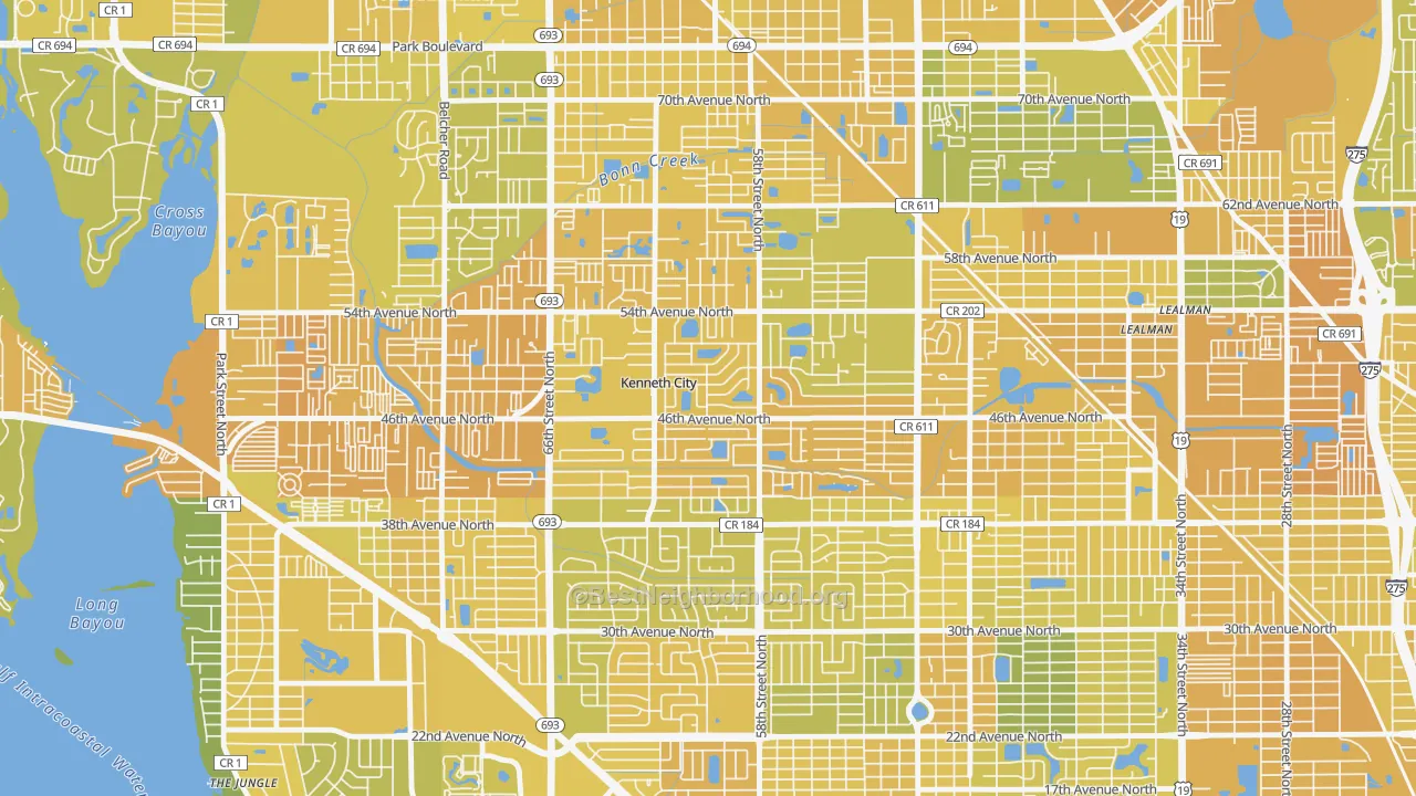 Map of the best neighborhoods in the Kenneth City area, with better matches in green and worse matches in red
