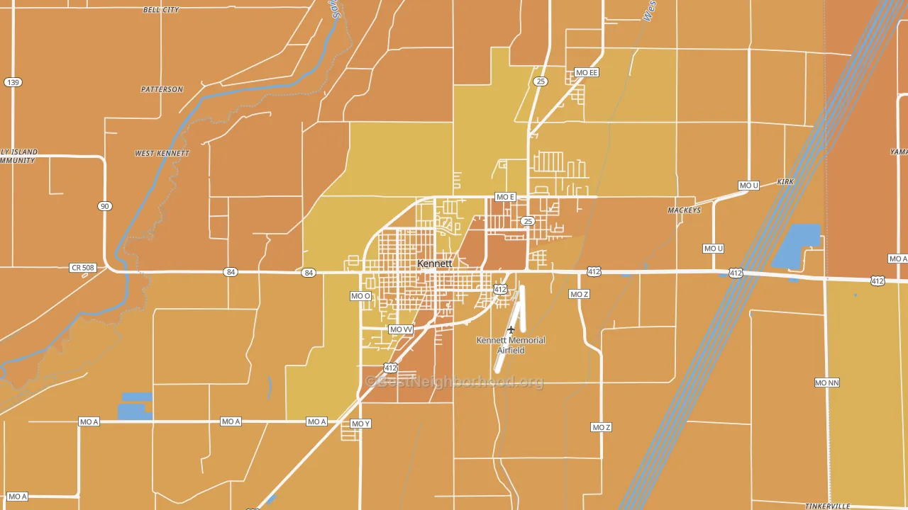 Map of the best neighborhoods in the Kennett area, with better matches in green and worse matches in red