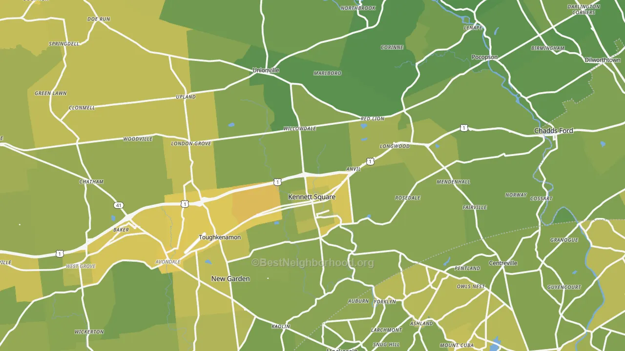 Map of the best neighborhoods in the Kennett Square area, with better matches in green and worse matches in red