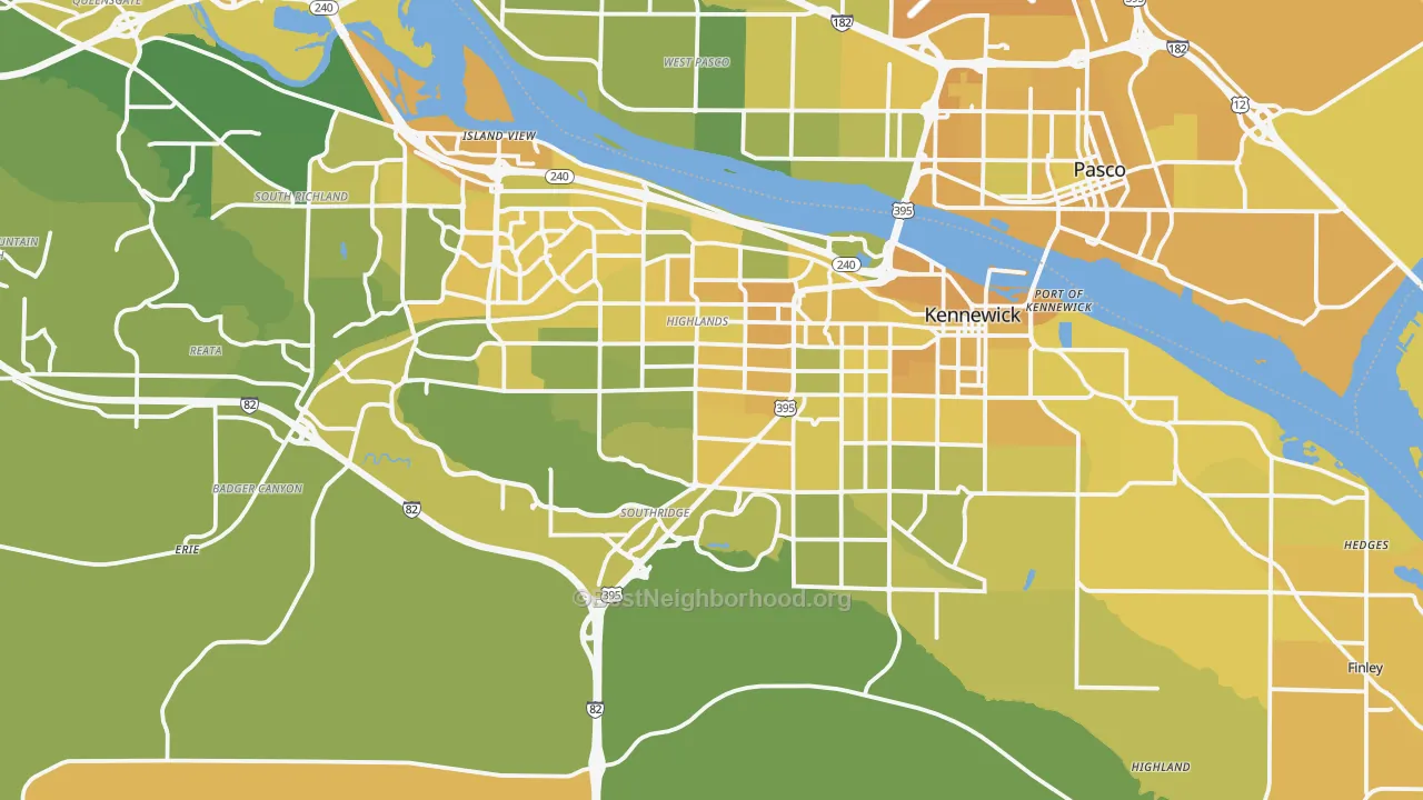 Map of the best neighborhoods in the Kennewick Metro area, with better matches in green and worse matches in red