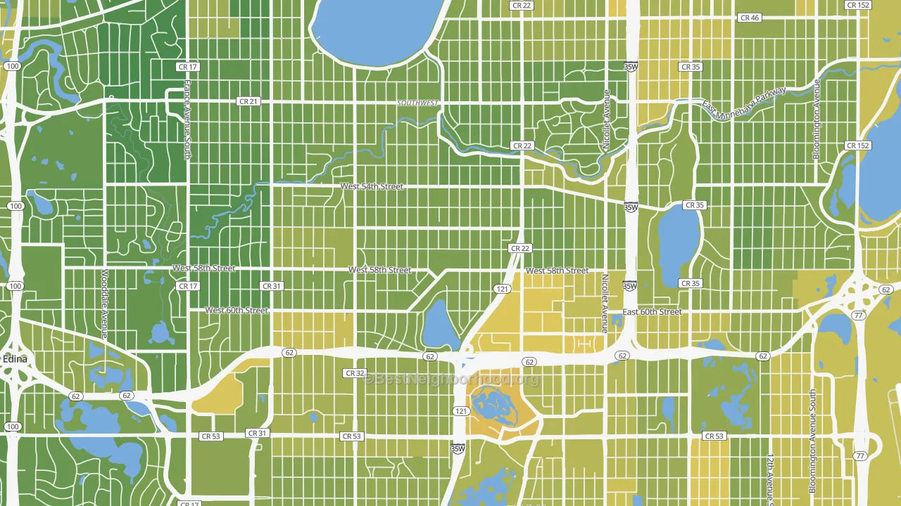 Map of the best neighborhoods in the Kenny, Minneapolis area, with better matches in green and worse matches in red