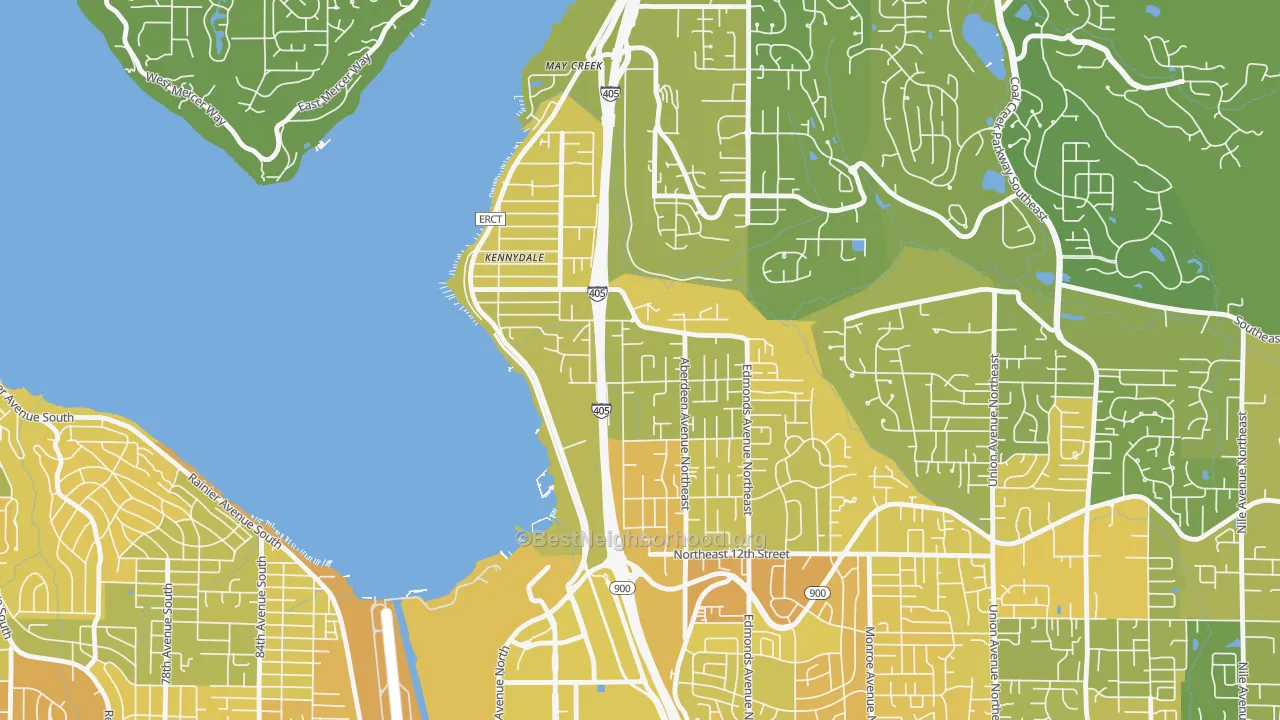 Map of the best neighborhoods in the Kennydale, Renton area, with better matches in green and worse matches in red