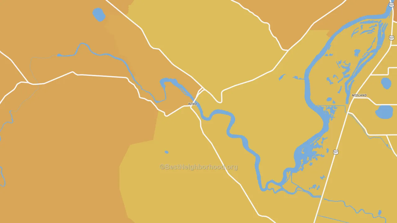 Map of the best neighborhoods in the Keno area, with better matches in green and worse matches in red