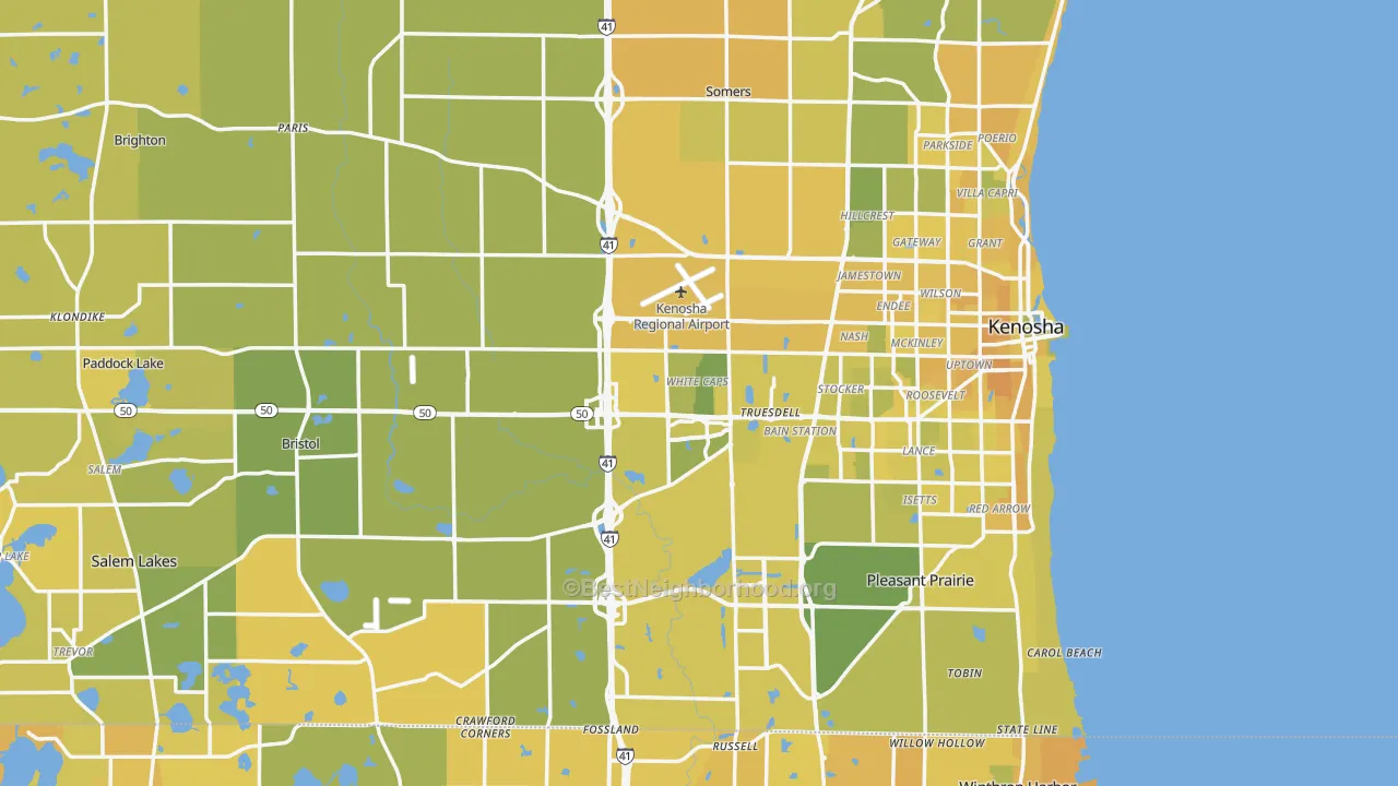 Map of the best neighborhoods in the Kenosha County area, with better matches in green and worse matches in red