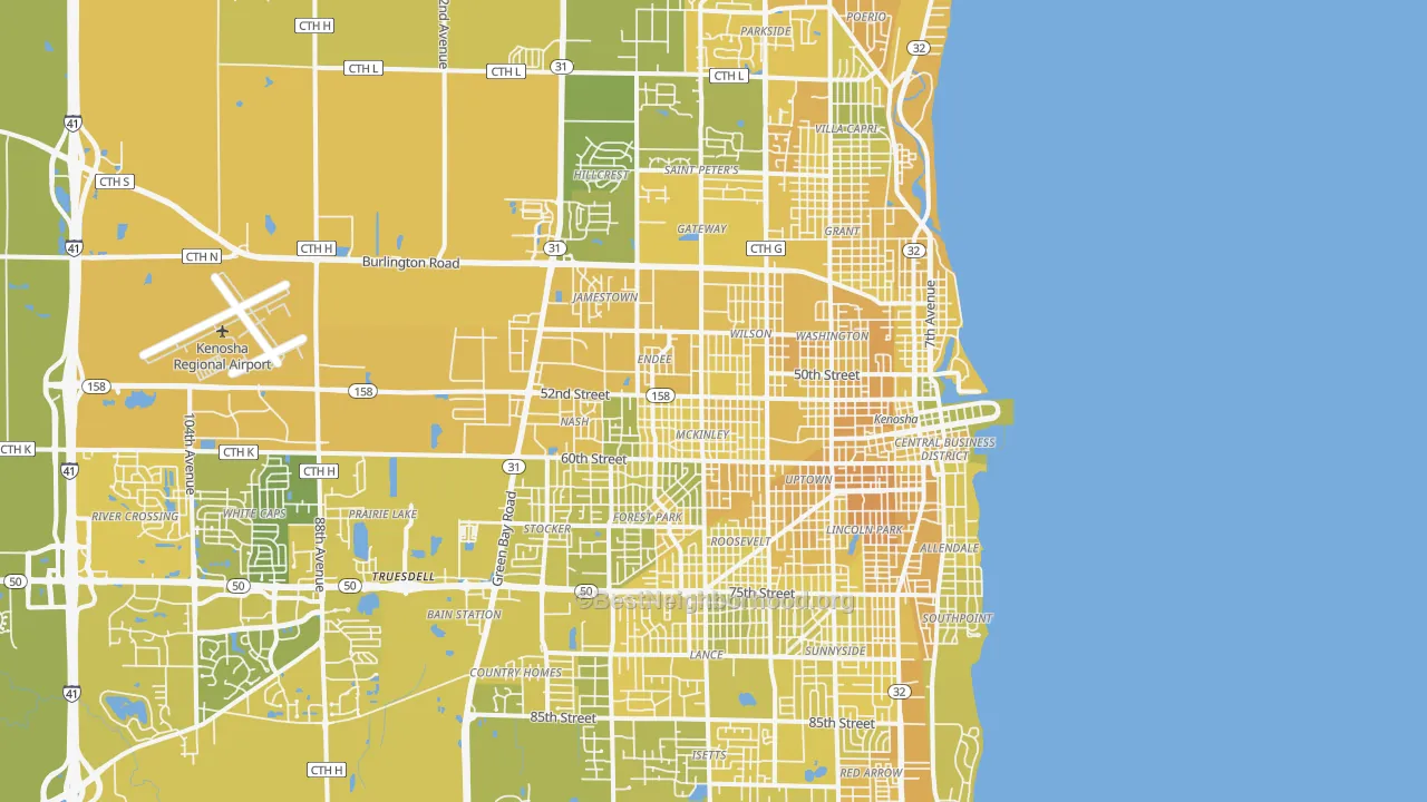 Map of the best neighborhoods in the Kenosha Metro area, with better matches in green and worse matches in red