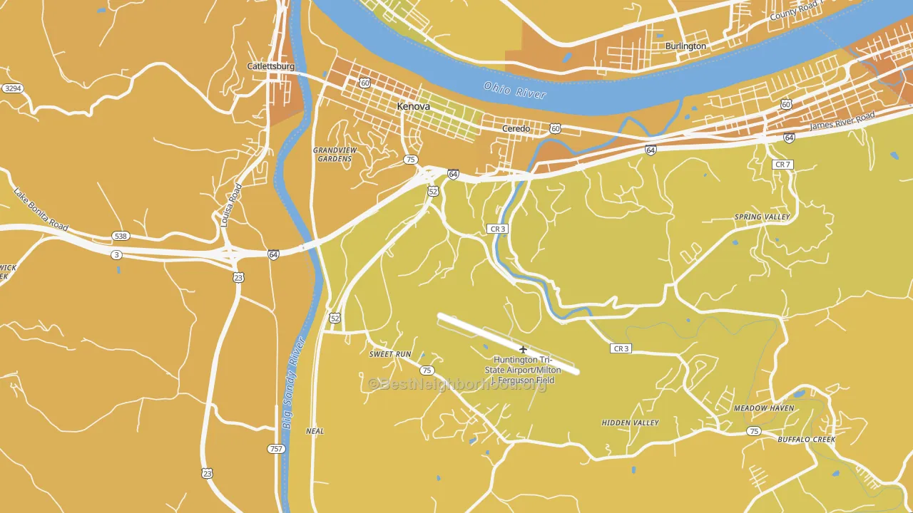 Map of the best neighborhoods in the Kenova area, with better matches in green and worse matches in red