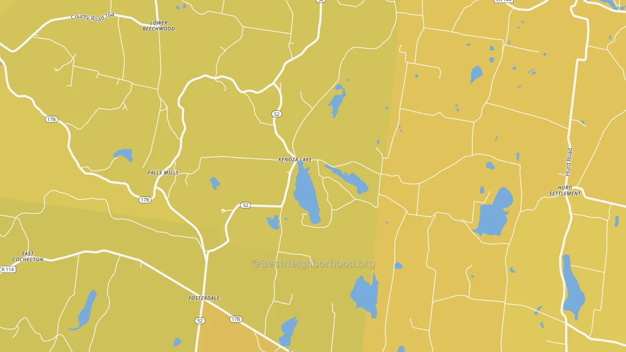 Map of the best neighborhoods in the Kenoza Lake area, with better matches in green and worse matches in red