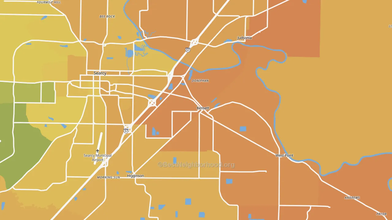 Map of the best neighborhoods in the Kensett area, with better matches in green and worse matches in red