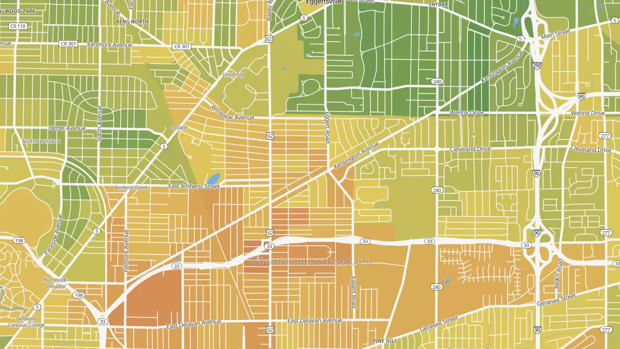 Map of the best neighborhoods in the Kensington, Buffalo area, with better matches in green and worse matches in red