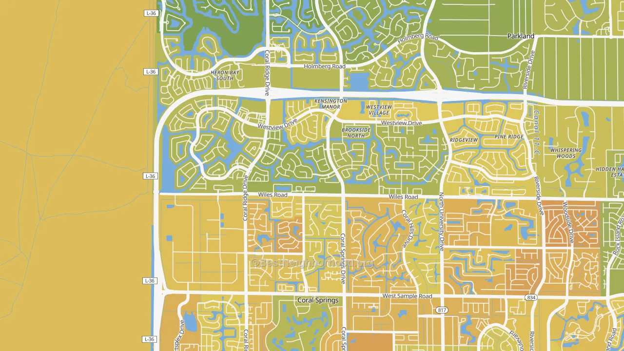 Map of the best neighborhoods in the Kensington, Coral Springs area, with better matches in green and worse matches in red