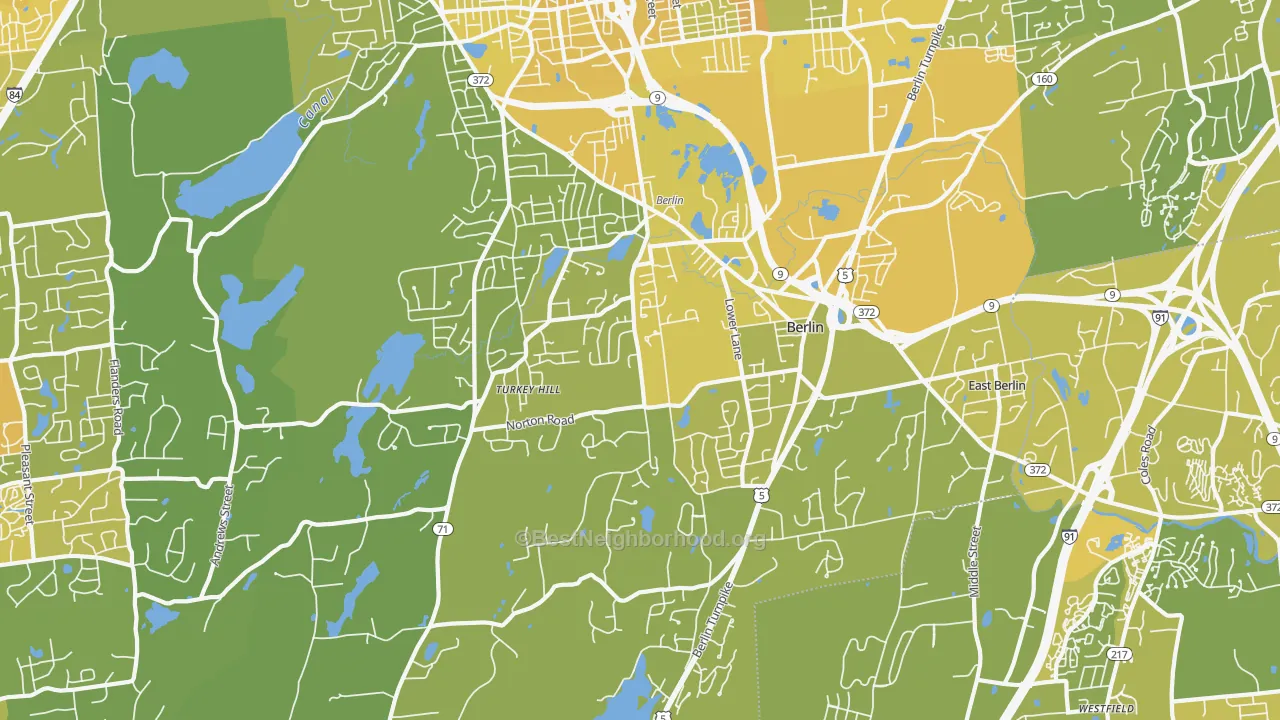 Map of the best neighborhoods in the Kensington area, with better matches in green and worse matches in red