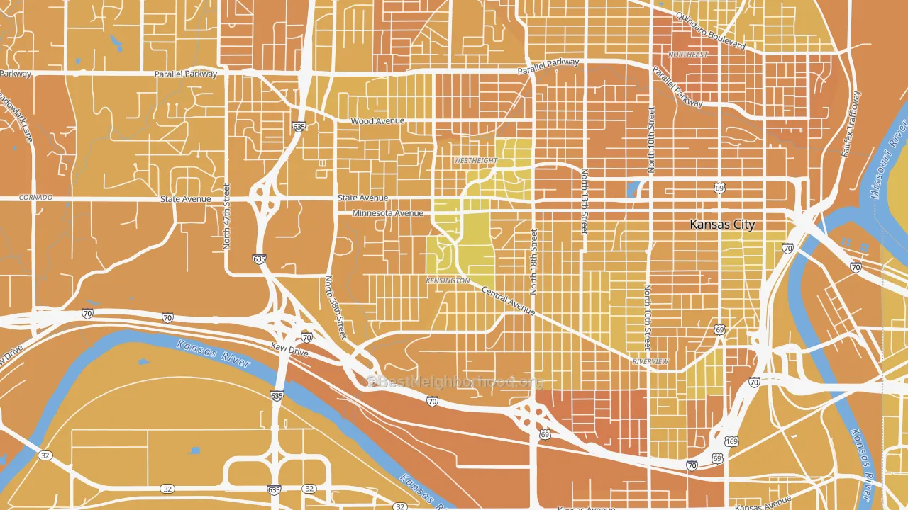Map of the best neighborhoods in the Kensington, Kansas City area, with better matches in green and worse matches in red