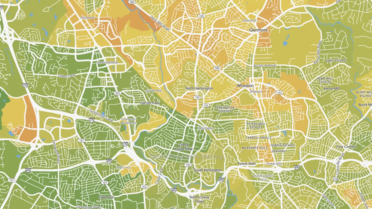 Map of the best neighborhoods in the Kensington area, with better matches in green and worse matches in red
