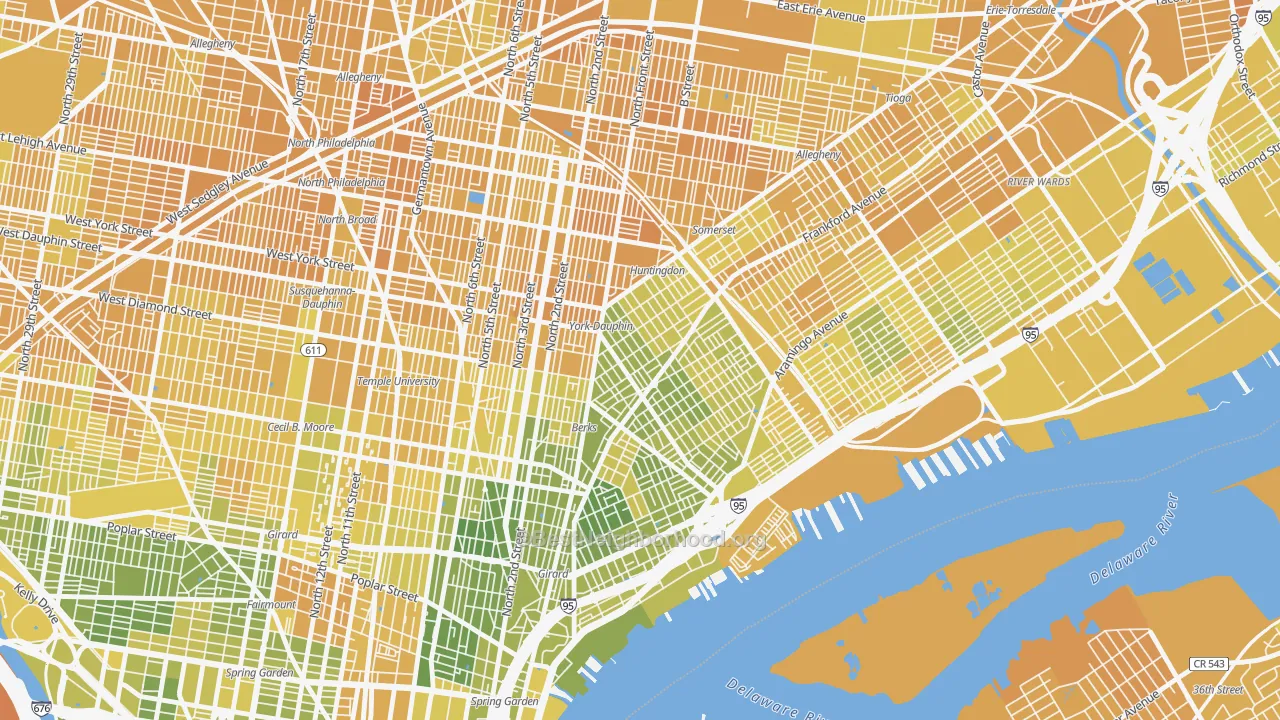 Map of the best neighborhoods in the Kensington, Philadelphia area, with better matches in green and worse matches in red