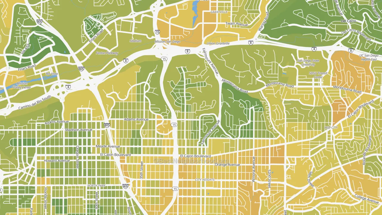 Map of the best neighborhoods in the Kensington, San Diego area, with better matches in green and worse matches in red