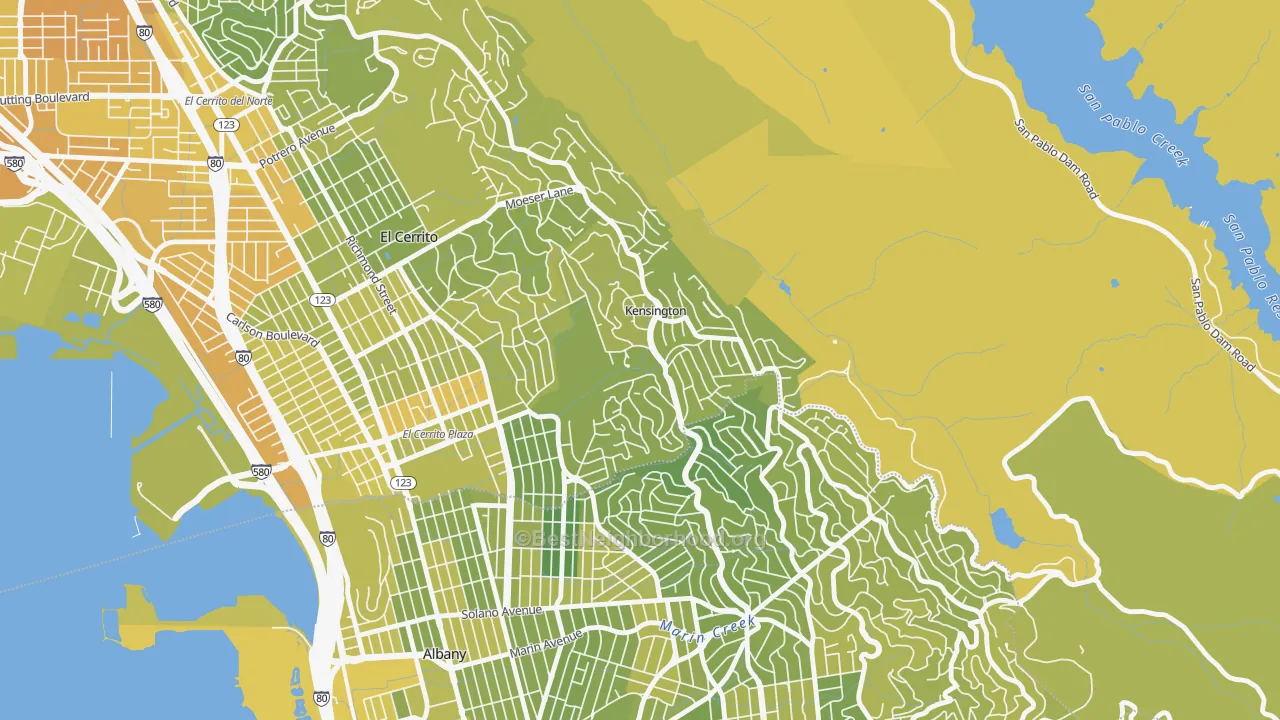 Map of the best neighborhoods in the Kensington-San Francisco, Berkeley area, with better matches in green and worse matches in red