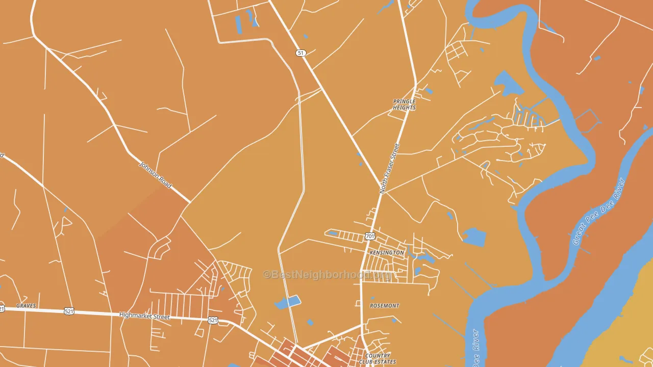 Map of the best neighborhoods in the Kensington area, with better matches in green and worse matches in red