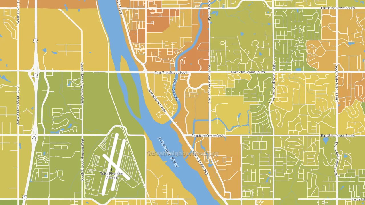Map of the best neighborhoods in the Kensington, Tulsa area, with better matches in green and worse matches in red