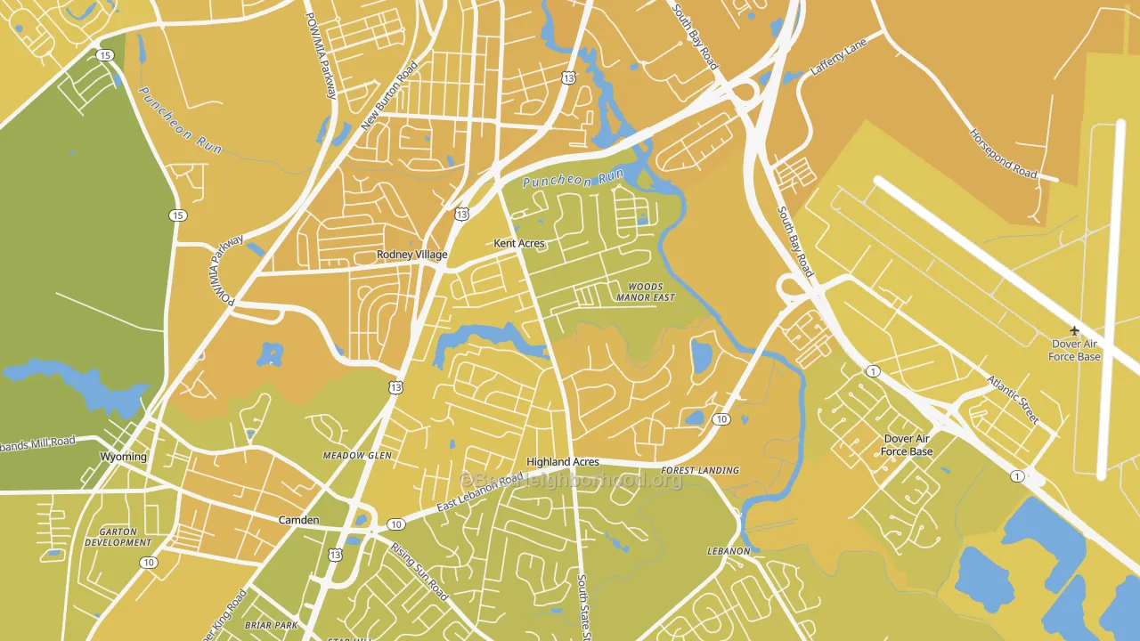 Map of the best neighborhoods in the Kent Acres, Dover area, with better matches in green and worse matches in red