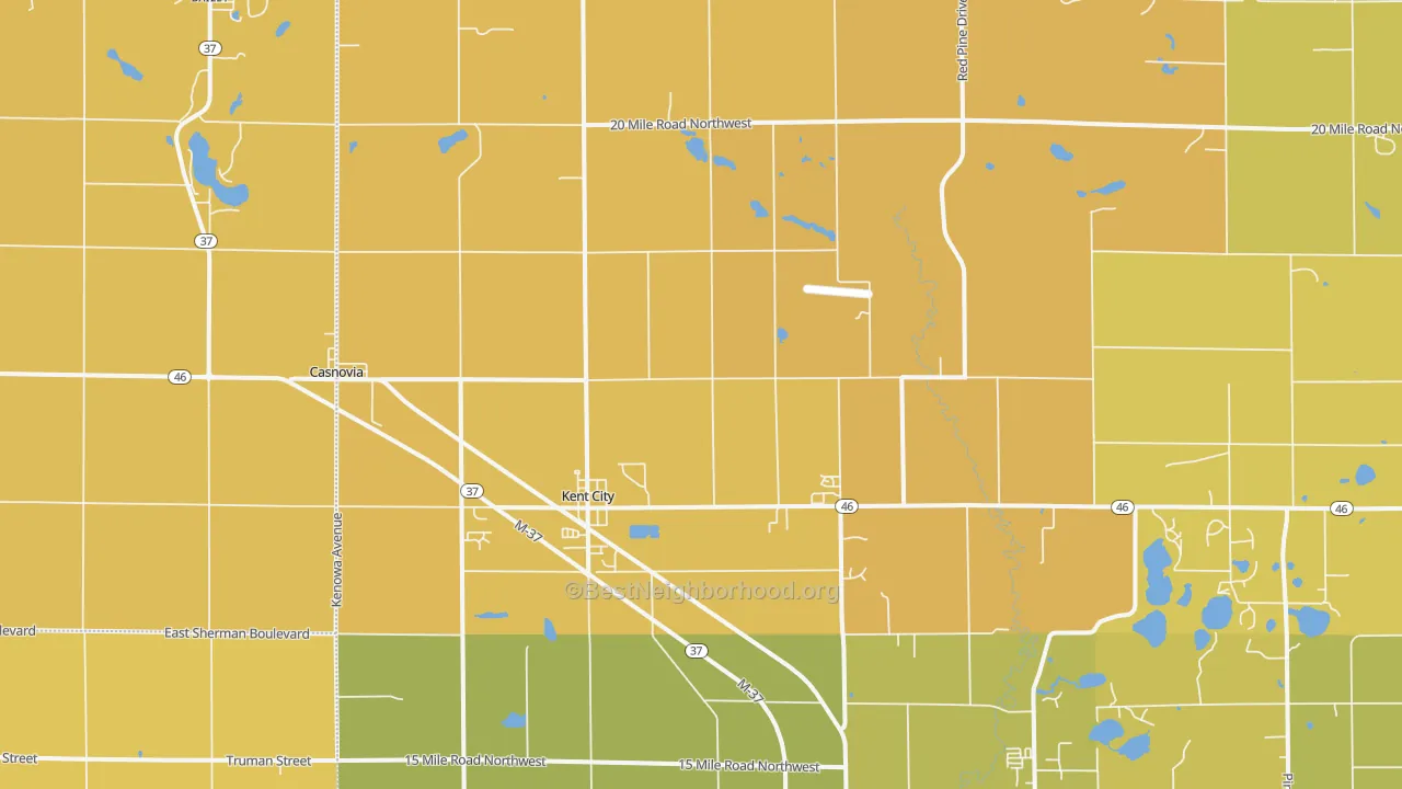 Map of the best neighborhoods in the Kent City area, with better matches in green and worse matches in red