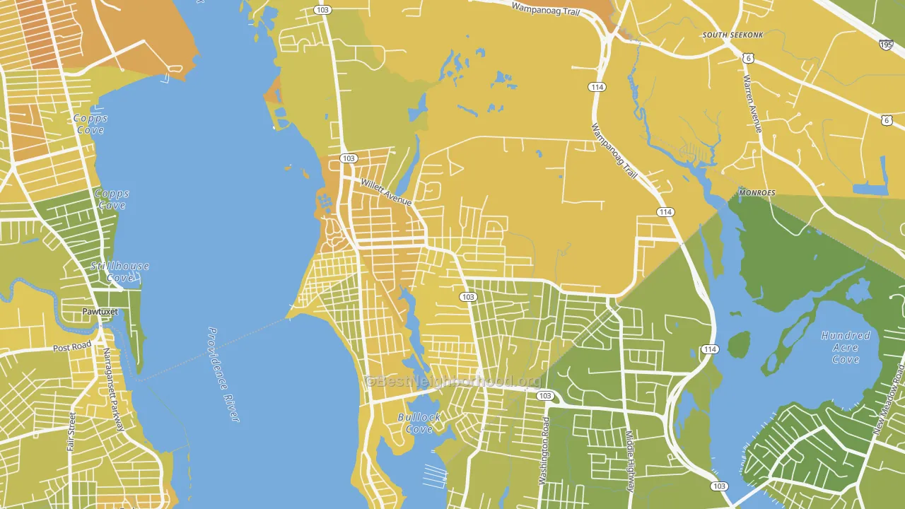 Map of the best neighborhoods in the Kent Corner, Riverside area, with better matches in green and worse matches in red