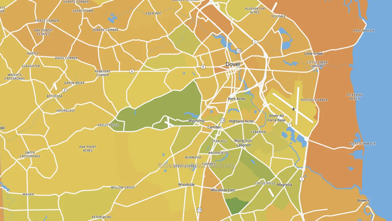 Map of the best neighborhoods in the Kent County area, with better matches in green and worse matches in red