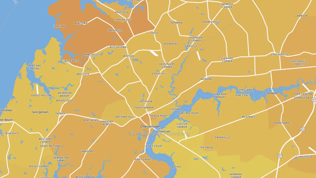 Map of the best neighborhoods in the Kent County area, with better matches in green and worse matches in red