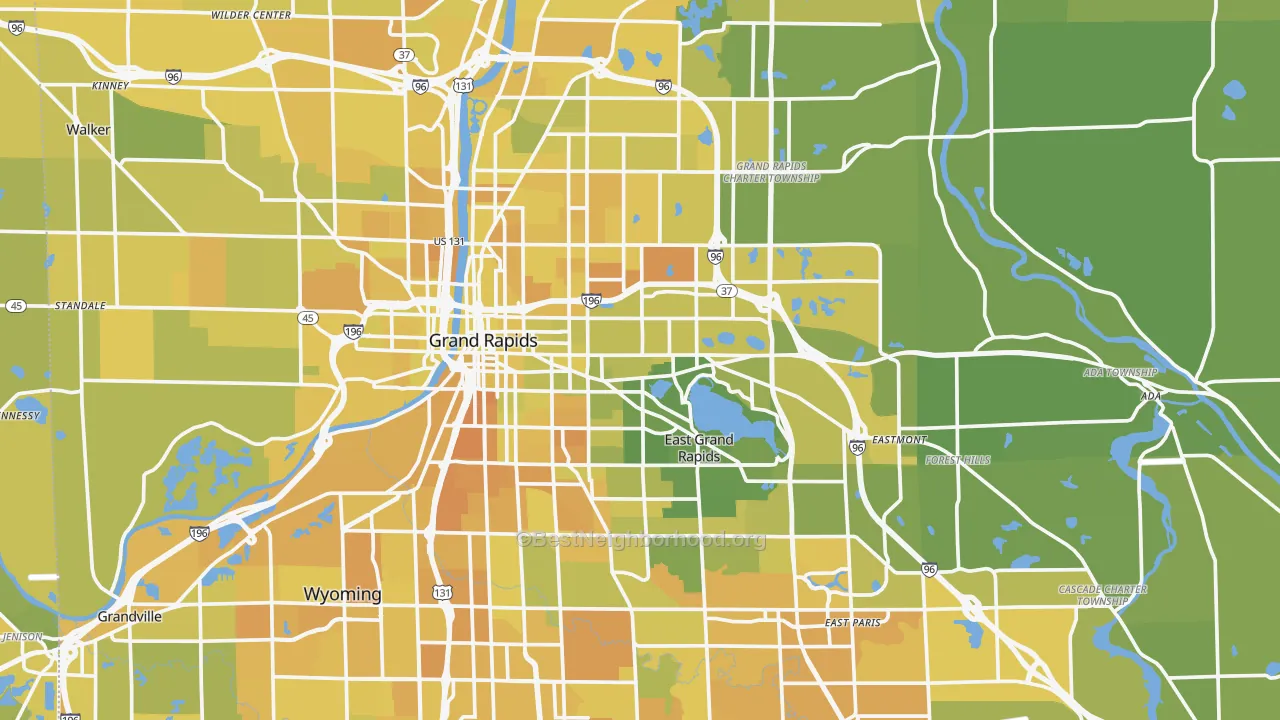 Map of the best neighborhoods in the Kent County area, with better matches in green and worse matches in red