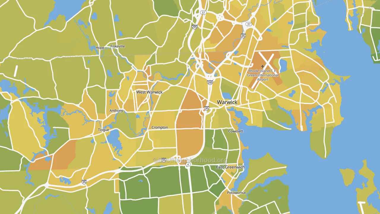Map of the best neighborhoods in the Kent County area, with better matches in green and worse matches in red