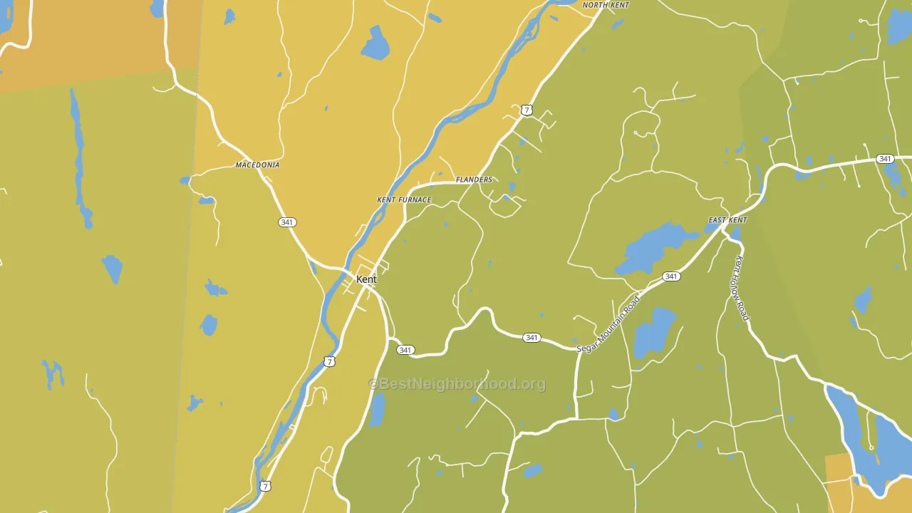 Map of the best neighborhoods in the Kent area, with better matches in green and worse matches in red