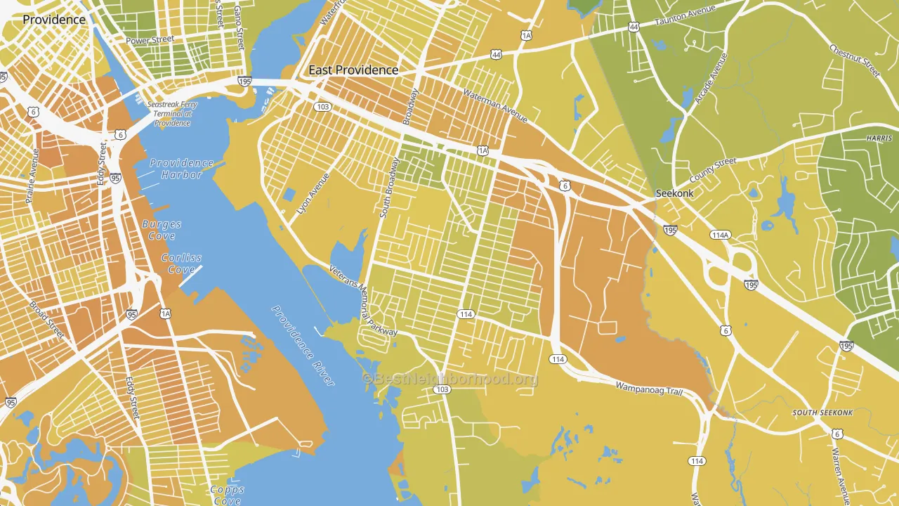 Map of the best neighborhoods in the Kent Heights, East Providence area, with better matches in green and worse matches in red
