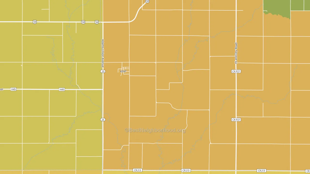 Map of the best neighborhoods in the Kent area, with better matches in green and worse matches in red