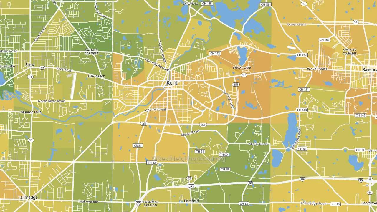 Map of the best neighborhoods in the Kent area, with better matches in green and worse matches in red