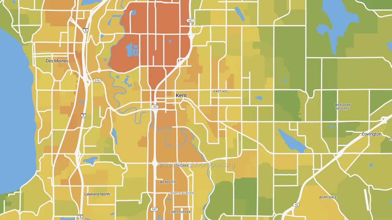 Map of the best neighborhoods in the Kent area, with better matches in green and worse matches in red