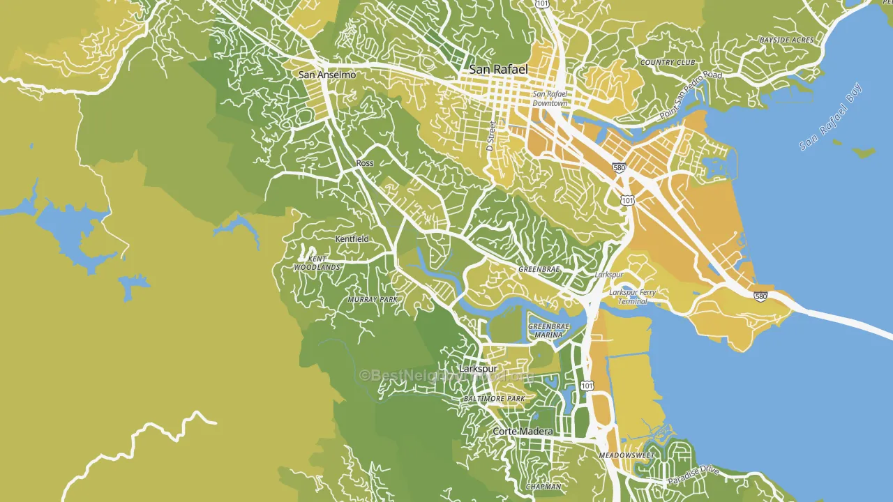 Map of the best neighborhoods in the Kentfield area, with better matches in green and worse matches in red