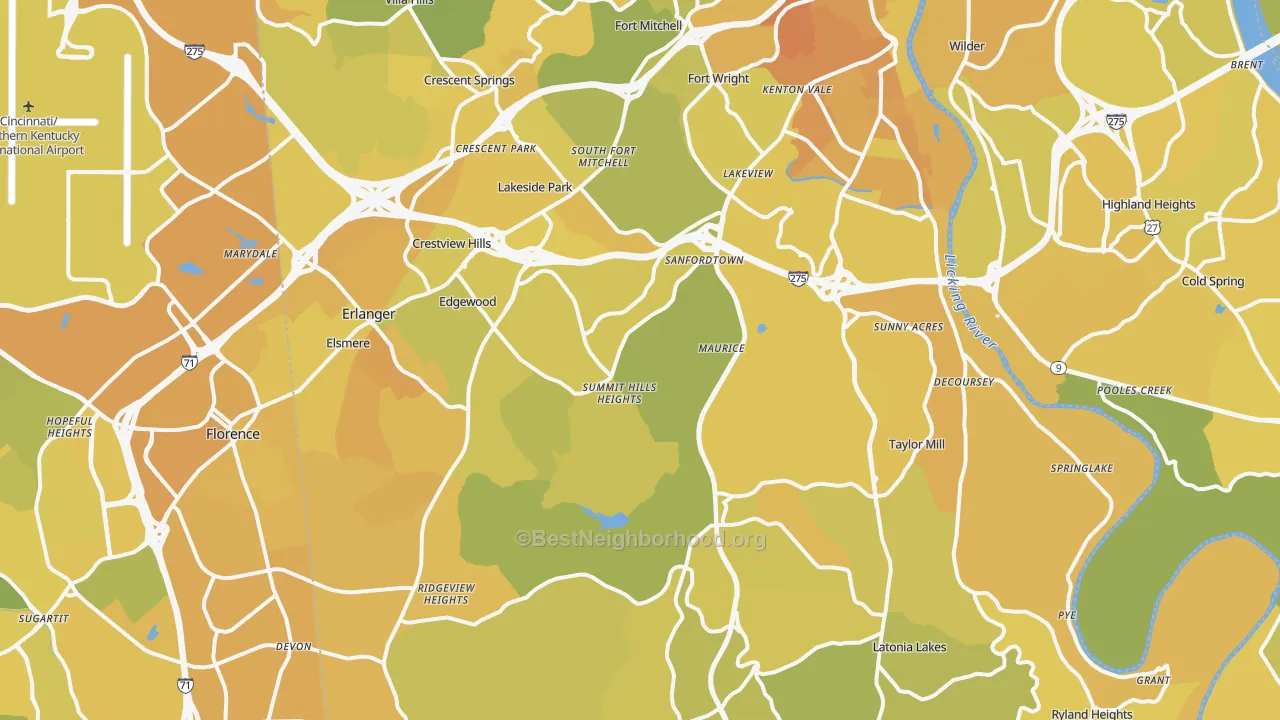 Map of the best neighborhoods in the Kenton County area, with better matches in green and worse matches in red