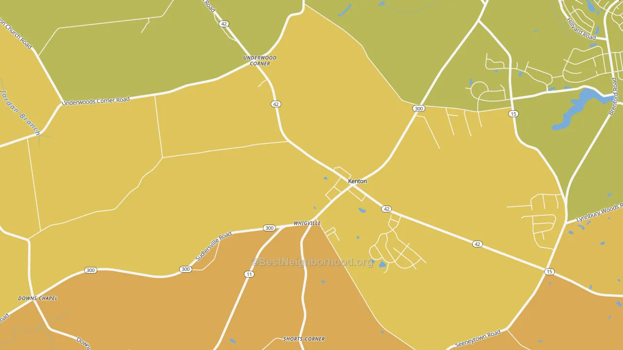 Map of the best neighborhoods in the Kenton area, with better matches in green and worse matches in red