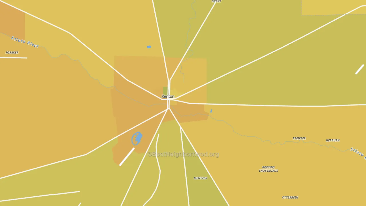 Map of the best neighborhoods in the Kenton area, with better matches in green and worse matches in red