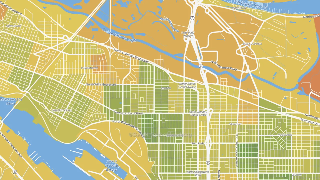 Map of the best neighborhoods in the Kenton, Portland area, with better matches in green and worse matches in red