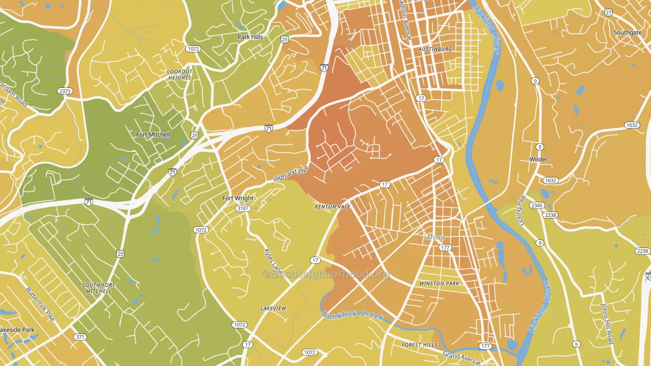 Map of the best neighborhoods in the Kenton Vale area, with better matches in green and worse matches in red