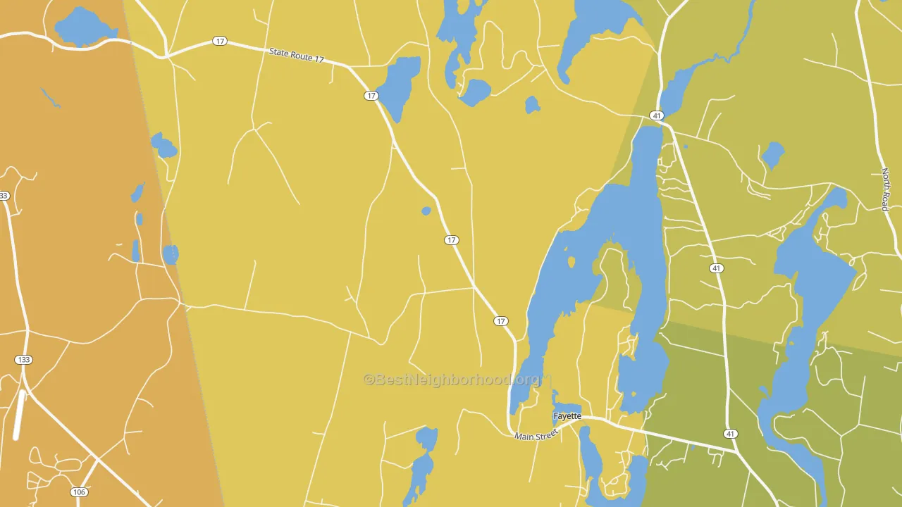 Map of the best neighborhoods in the Kents Hill area, with better matches in green and worse matches in red