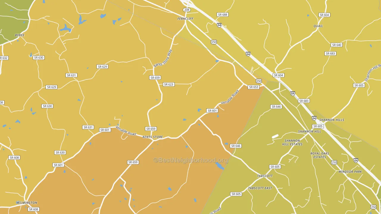 Map of the best neighborhoods in the Kents Store area, with better matches in green and worse matches in red
