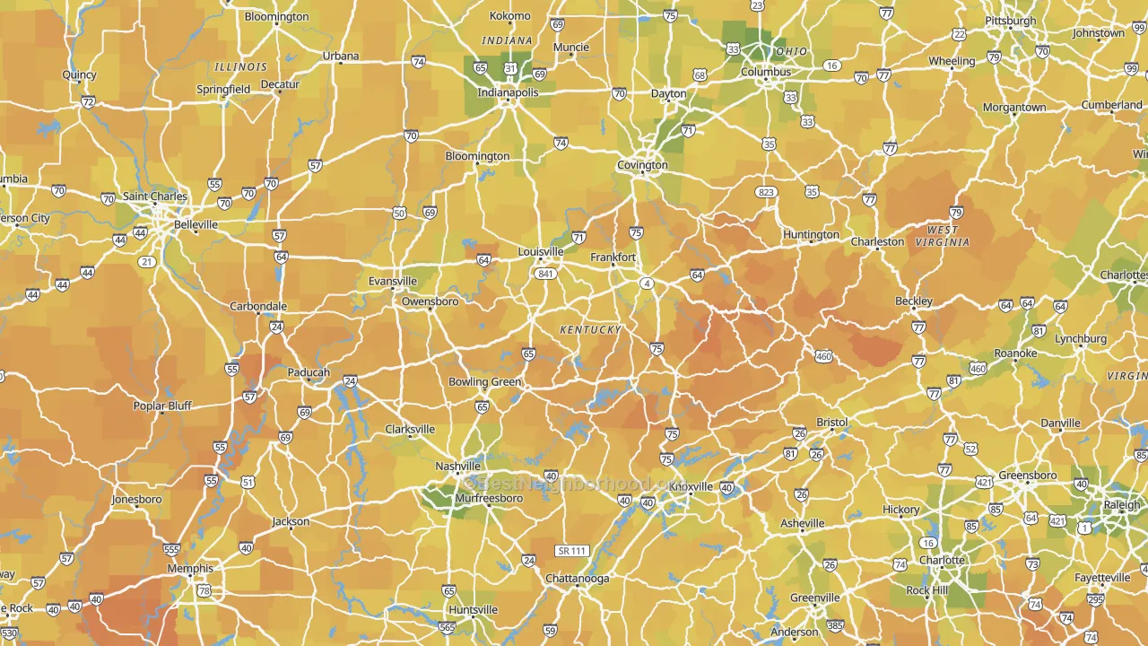 Map of the best neighborhoods in the Kentucky area, with better matches in green and worse matches in red