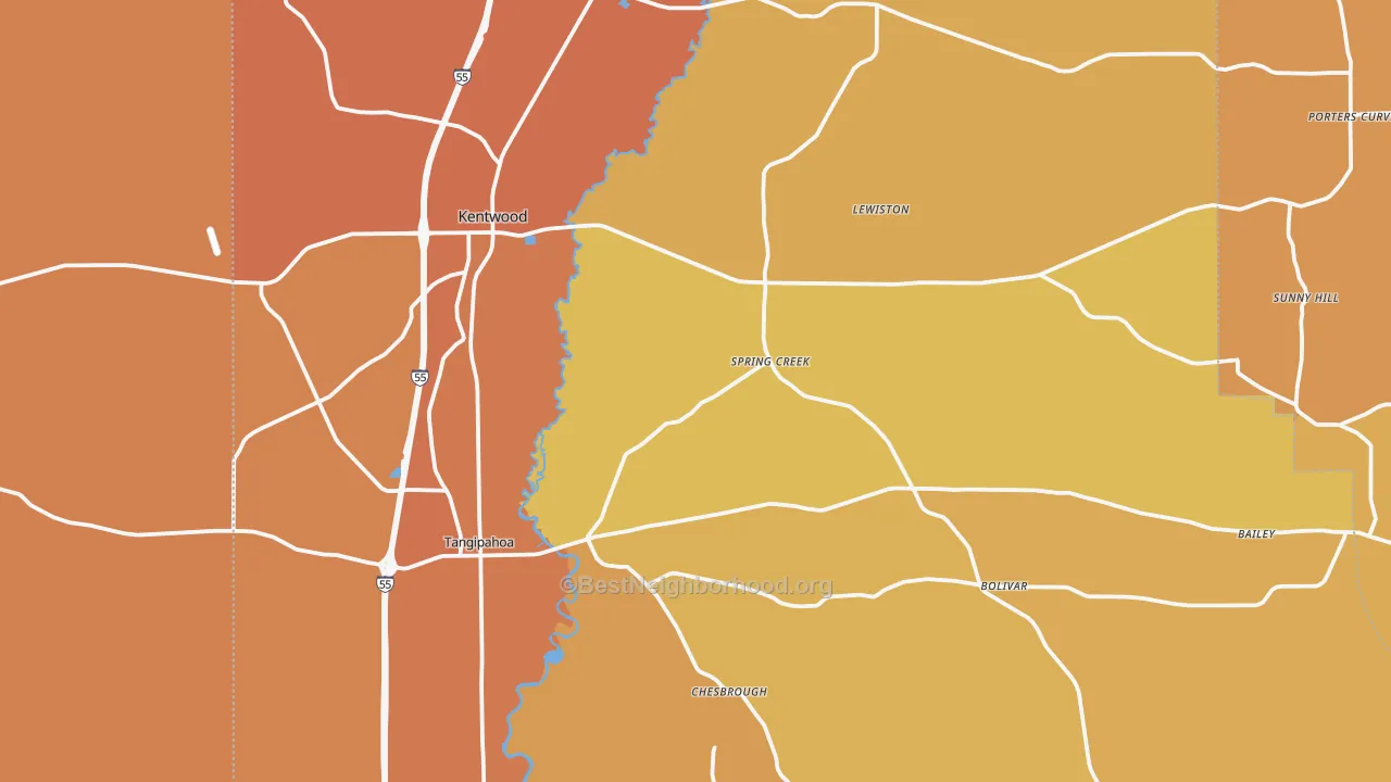 Map of the best neighborhoods in the Kentwood area, with better matches in green and worse matches in red
