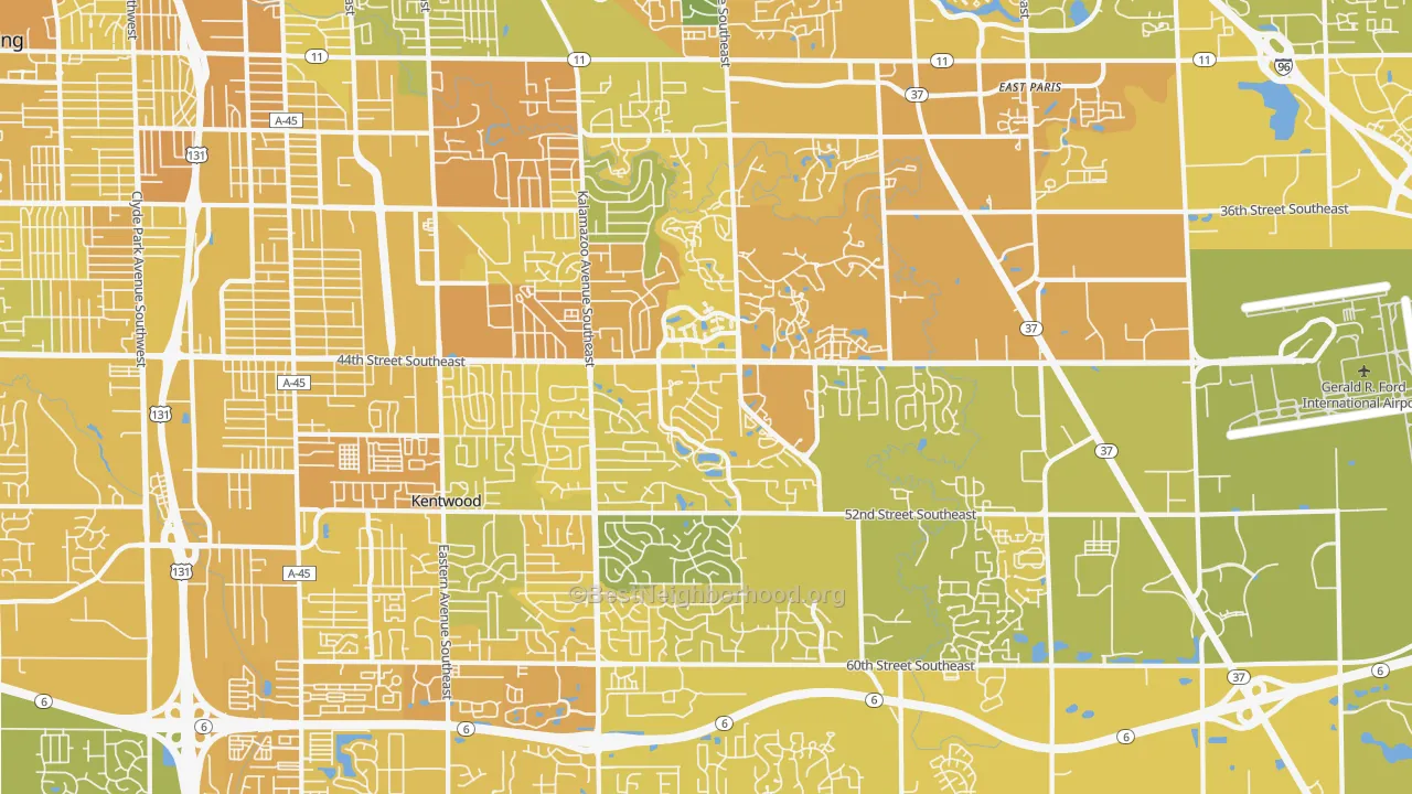 Map of the best neighborhoods in the Kentwood area, with better matches in green and worse matches in red