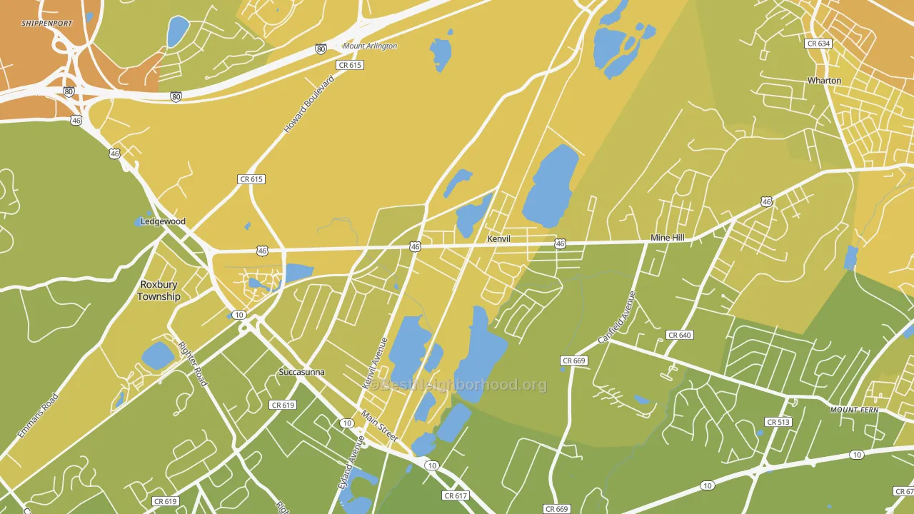 Map of the best neighborhoods in the Kenvil area, with better matches in green and worse matches in red