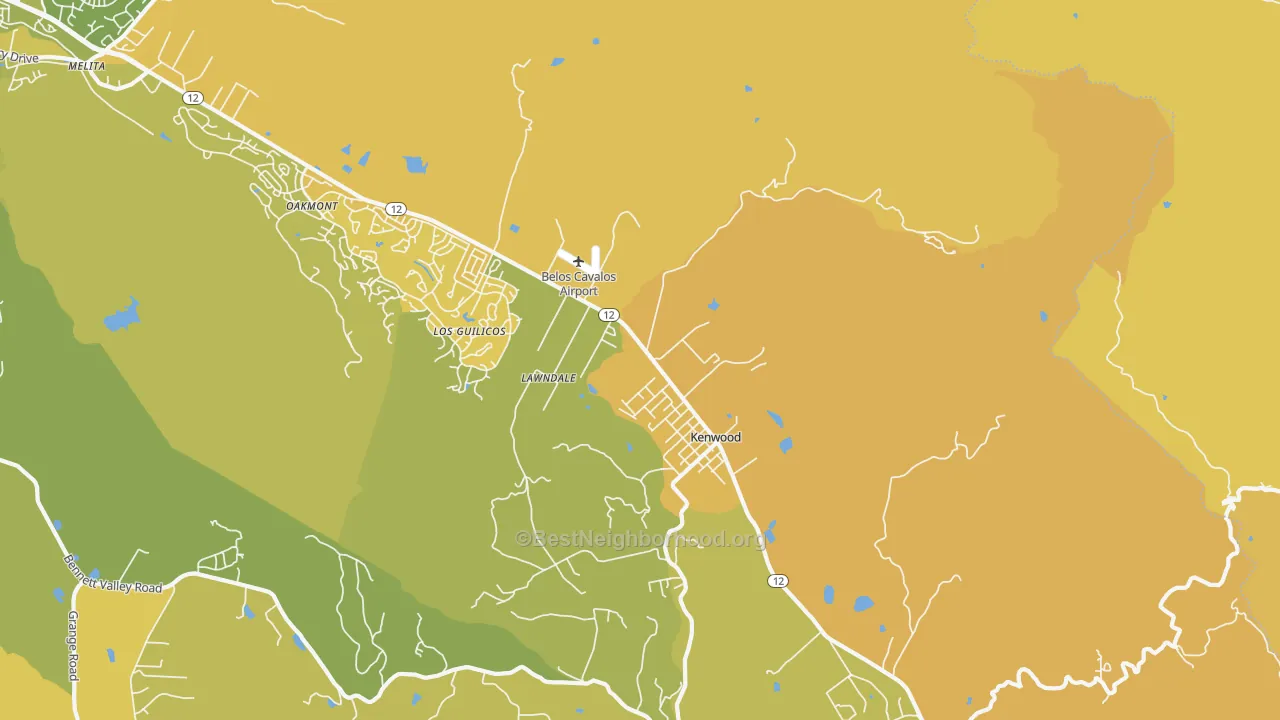 Map of the best neighborhoods in the Kenwood area, with better matches in green and worse matches in red